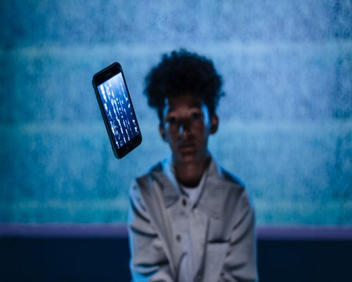 Smartphone showing the fictional Skyline Motion Matrix strategy game